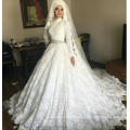 White Arab Long Sleeve High Collar Neck Muslim Bridal wedding dress with HiJab